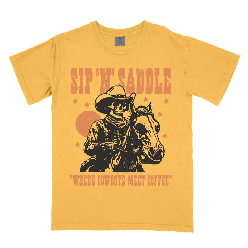 Sip 'N' Saddle Vintage Western Skeleton Cowboy Coffee Shirt