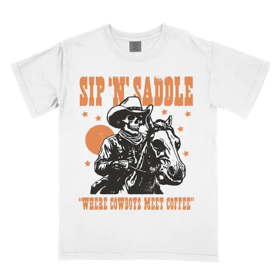 Sip 'N' Saddle Vintage Western Skeleton Cowboy Coffee Shirt