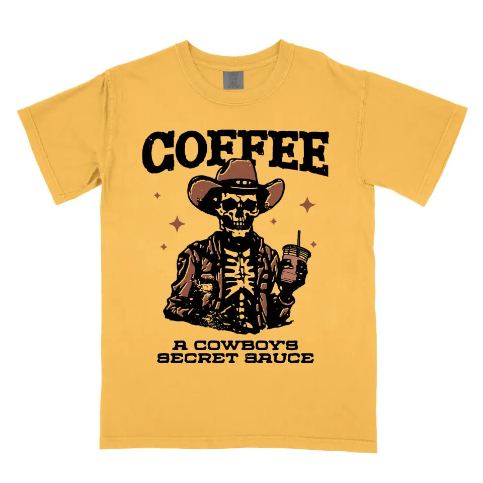 Coffee A Cowboy's Secret Sauce Vintage Western Skeleton Cowboy Coffee Shirt